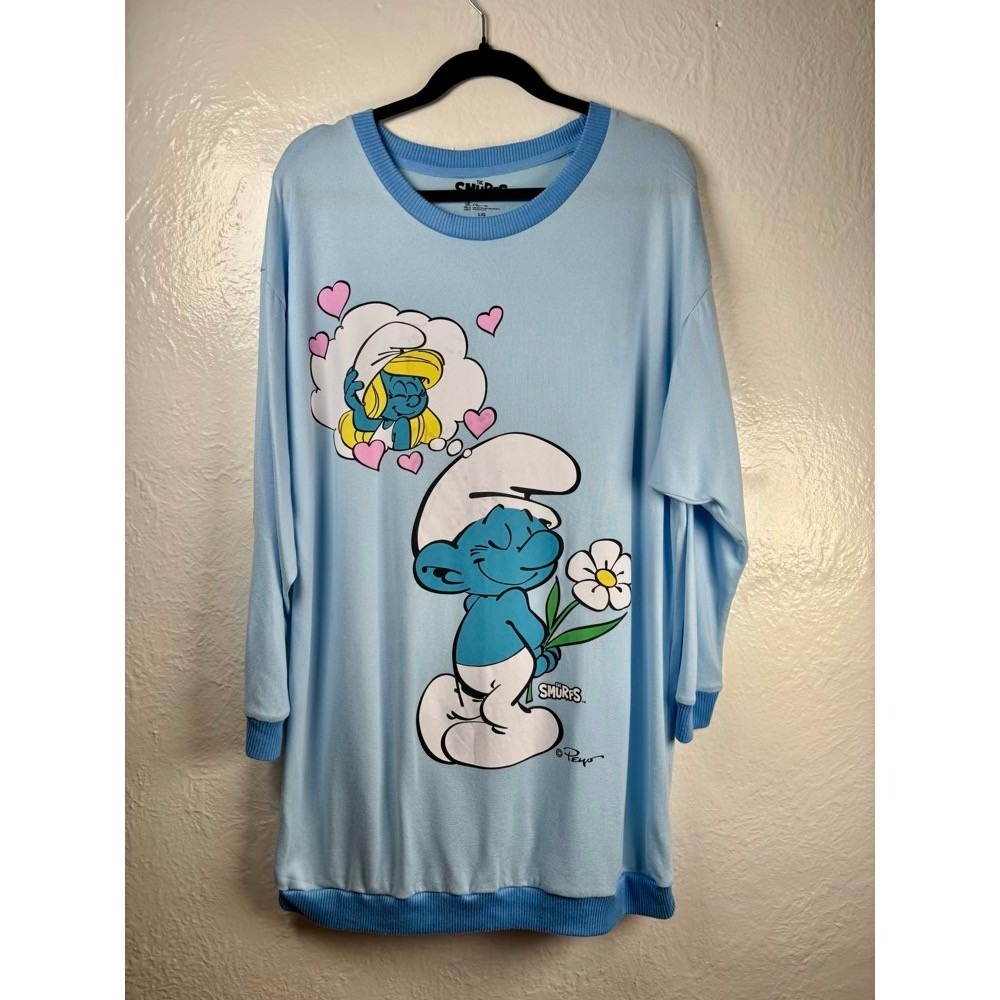 The Smurfs Sleep Shirt Blue Large Graphic Long Sleeve Nightgown Nostalgia 80s